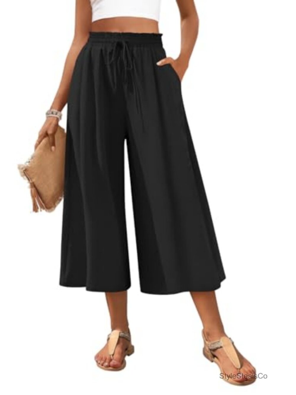Wide Leg Capri Palazzo Pants with Pockets High Waist Drawstring Summer